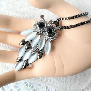 LARGE Glass Owl Necklace-New-Black-Rhinestone-Grey